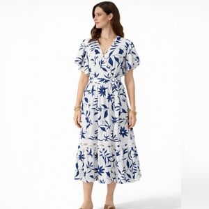 Blue White Floral Midi Dress Flutter Sleeve Tie Waist Resort Summer 3XL